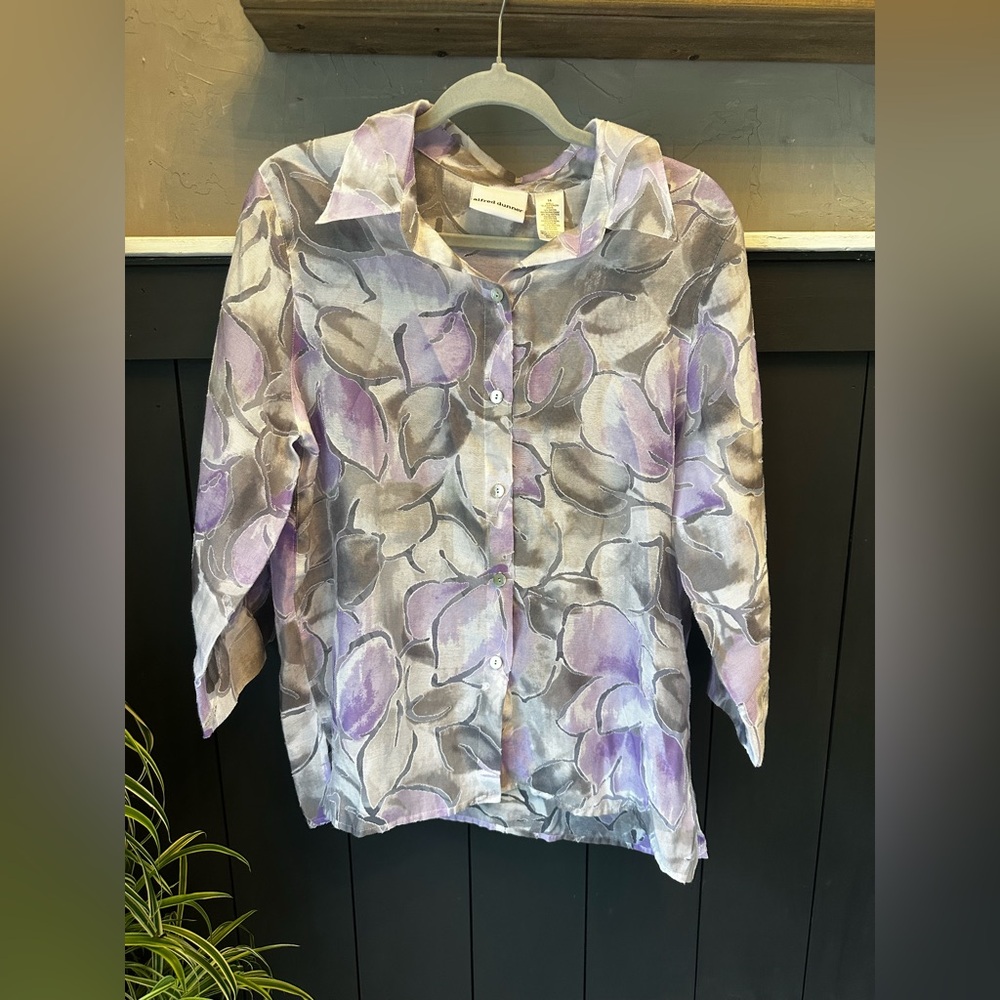 Alfred Dunner Lavender White Gray Floral Button Up‎ Blouse size 14
